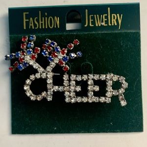 Vintage Clear Red Blue CHEER Rhinestone Pin Brooch